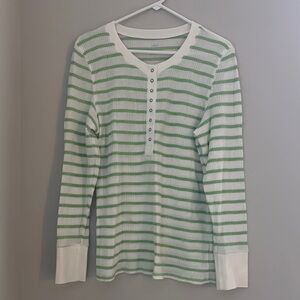 Aerie Green and White Striped Crew Neck Sweater